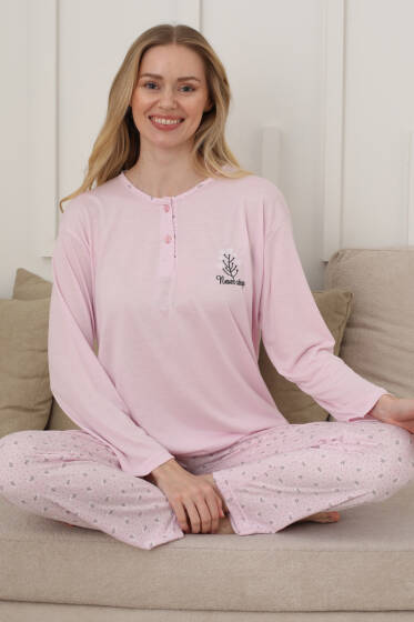 Uzun Kol Kalp Detaylı Düğmeli Pijama Takım Pembe - Pijama