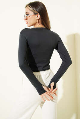 Uzun Kol Loyşa Crop Antrasit - Kadın Giyim Modelleri