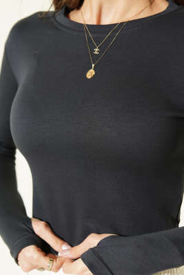 Uzun Kol Loyşa Crop Antrasit - Kadın Giyim Modelleri