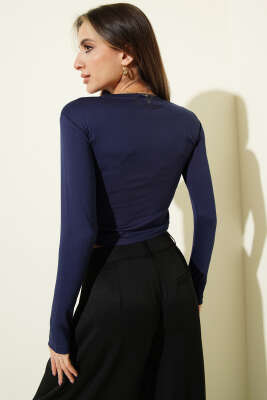 Uzun Kol Loyşa Crop Lacivert - Kadın Giyim Modelleri