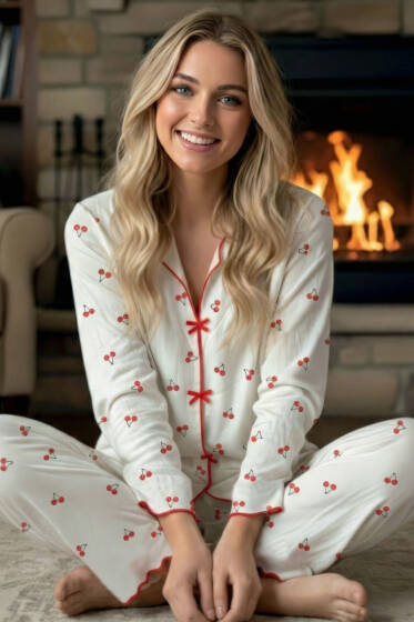 Uzun Kol Önü Kurdeleli Pijama Takımı Kiraz - Pijama