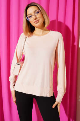 Uzun Kol Yırtmaçlı Viskon Bluz Pudra - Kadın Giyim Modelleri