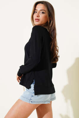 Uzun Kol Yırtmaçlı Viskon Bluz Siyah - Kadın Giyim Modelleri