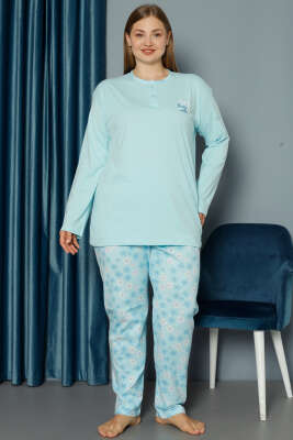 Uzun Kollu Çiçekli Büyük Beden Pijama Takımı Mint - Kadın Pijama Takımı