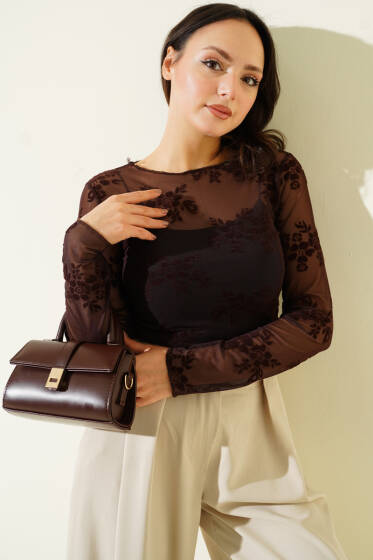 Uzun Kollu Çiçekli Tül Bluz Acı Kahve - Kadın Giyim Modelleri