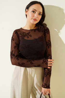 Uzun Kollu Çiçekli Tül Bluz Acı Kahve - Yılın Fırsatı