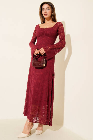 Uzun Kollu Dantelli Midi Elbise Bordo - Kadın Giyim Modelleri
