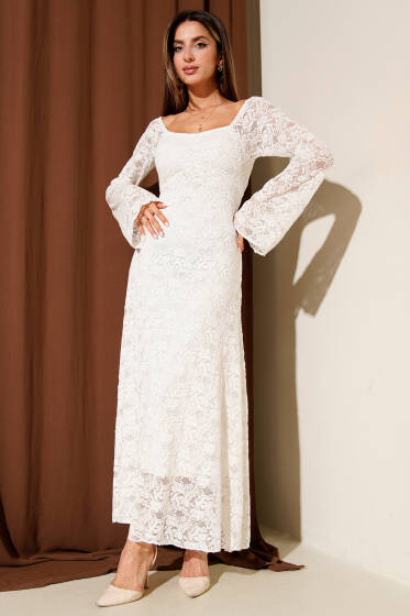 Uzun Kollu Dantelli Midi Elbise Ekru - Kadın Giyim Modelleri