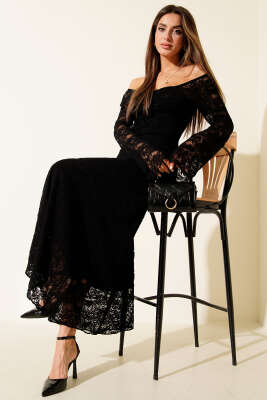 Uzun Kollu Dantelli Midi Elbise Siyah - Kadın Giyim Modelleri