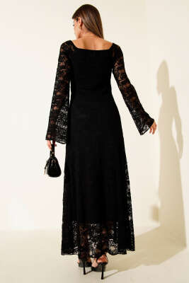 Uzun Kollu Dantelli Midi Elbise Siyah - Kadın Giyim Modelleri