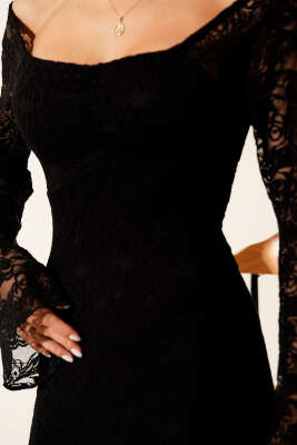 Uzun Kollu Dantelli Midi Elbise Siyah - Kadın Giyim Modelleri