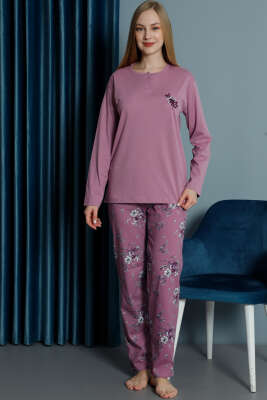 Uzun Kollu Desenli Pijama Takımı Magenta - Pijama & Gecelik