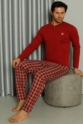Uzun Kollu Düğmeli Ekoseli Erkek Pijama Takım Bordo - Kadın Pijama Takımı
