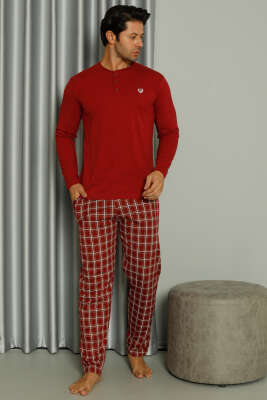 Uzun Kollu Düğmeli Ekoseli Erkek Pijama Takım Bordo 