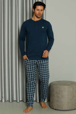 Uzun Kollu Düğmeli Ekoseli Erkek Pijama Takım İndigo - Kadın Pijama Takımı