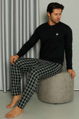 Uzun Kollu Düğmeli Ekoseli Erkek Pijama Takım Lacivert - Kadın Pijama Takımı