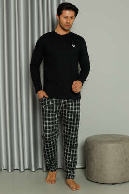 Uzun Kollu Düğmeli Ekoseli Erkek Pijama Takım Lacivert - Pijama