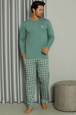 Uzun Kollu Düğmeli Ekoseli Erkek Pijama Takım Mint - Kadın Pijama Takımı