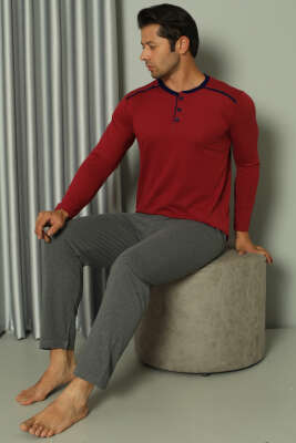 Uzun Kollu Düğmeli Erkek Pijama Takımı Bordo - IŞILAY