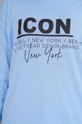 Uzun Kollu Icon New York Yazı Baskılı Mavi Tişört - Thumbnail