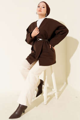 Uzun Kollu Kemerli Ceket Acı Kahve - Ceket