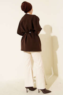 Uzun Kollu Kemerli Ceket Acı Kahve - Ceket