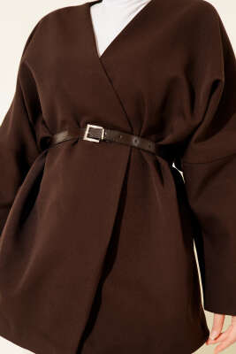 Uzun Kollu Kemerli Ceket Acı Kahve - Ceket