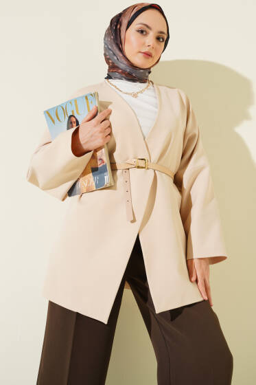 Uzun Kollu Kemerli Ceket Bej - Ceket
