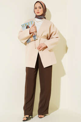 Uzun Kollu Kemerli Ceket Bej - Ceket