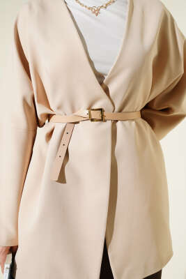 Uzun Kollu Kemerli Ceket Bej - Ceket