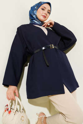 Uzun Kollu Kemerli Ceket Lacivert - MISRA