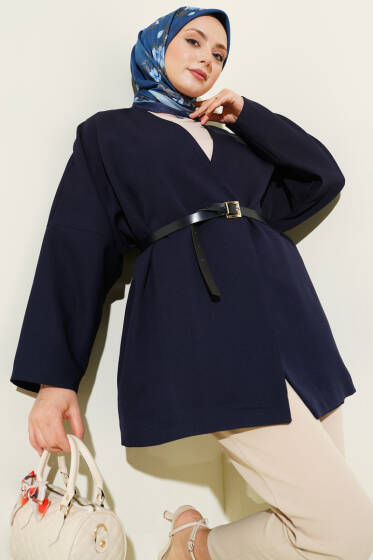 Uzun Kollu Kemerli Ceket Lacivert - Ceket