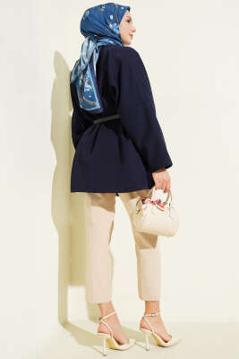 Uzun Kollu Kemerli Ceket Lacivert - Ceket