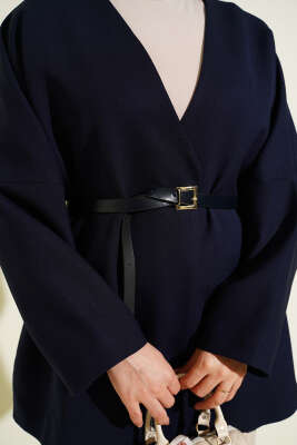 Uzun Kollu Kemerli Ceket Lacivert - Ceket