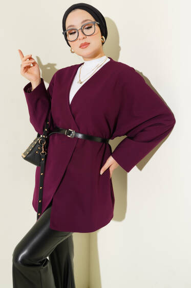 Uzun Kollu Kemerli Ceket Mor - Ceket