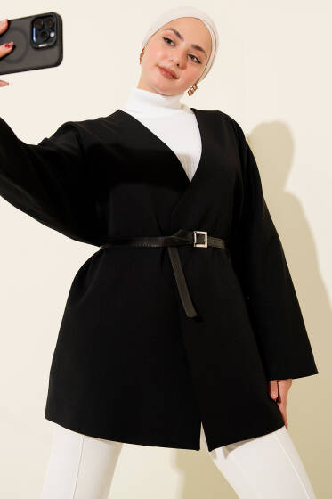 Uzun Kollu Kemerli Ceket Siyah - Ceket