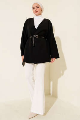 Uzun Kollu Kemerli Ceket Siyah - Ceket