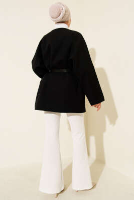 Uzun Kollu Kemerli Ceket Siyah - Ceket