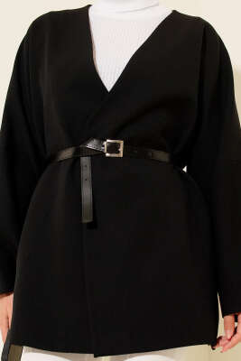 Uzun Kollu Kemerli Ceket Siyah - Ceket