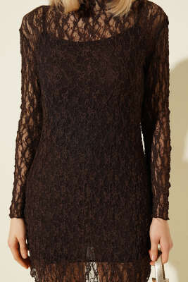 Uzun Kollu Mini Dantel Elbise Kahve - Kadın Giyim Modelleri