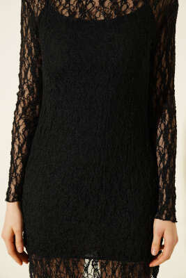 Uzun Kollu Mini Dantel Elbise Siyah - Kadın Giyim Modelleri