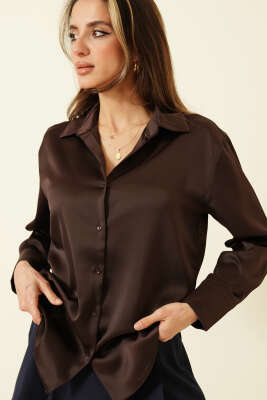 Uzun Kollu Saten Gömlek Acı Kahve 