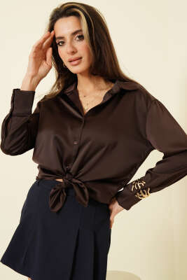 Uzun Kollu Saten Gömlek Acı Kahve - Kadın Giyim Modelleri