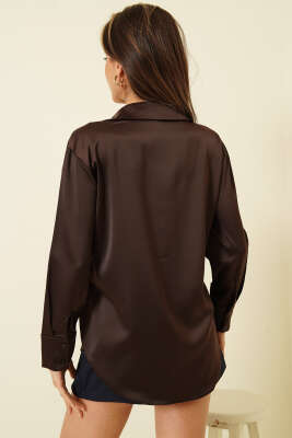 Uzun Kollu Saten Gömlek Acı Kahve - Kadın Giyim Modelleri