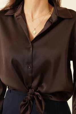 Uzun Kollu Saten Gömlek Acı Kahve - Kadın Giyim Modelleri
