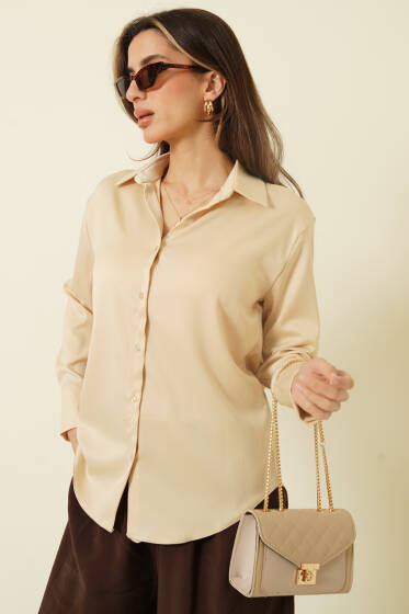 Uzun Kollu Saten Gömlek Bej - Kadın Giyim Modelleri