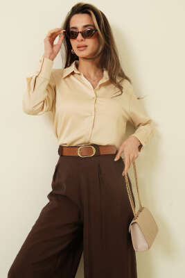 Uzun Kollu Saten Gömlek Bej - Kadın Giyim Modelleri