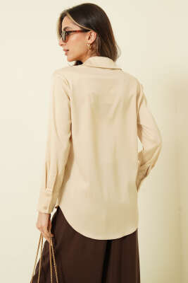 Uzun Kollu Saten Gömlek Bej - Kadın Giyim Modelleri
