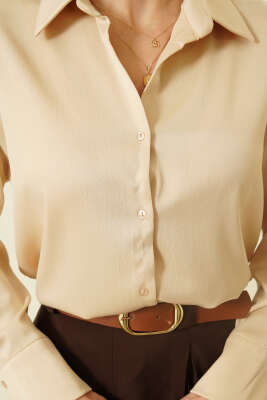 Uzun Kollu Saten Gömlek Bej - Kadın Giyim Modelleri