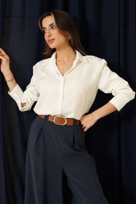 Uzun Kollu Saten Gömlek Ekru 